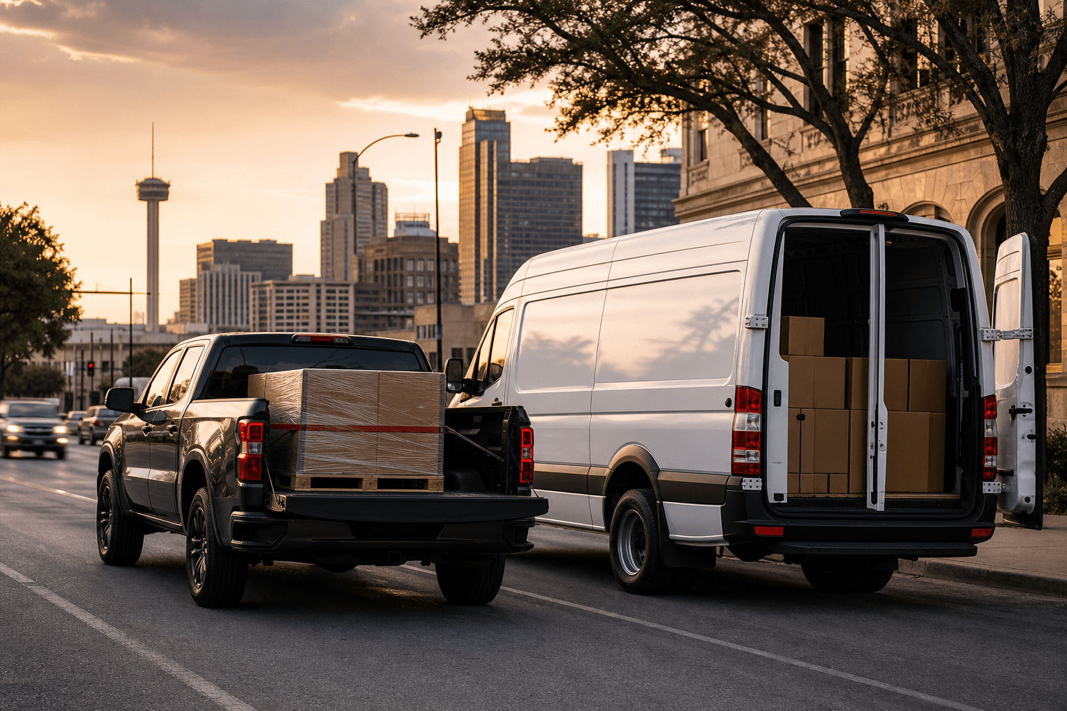 Pickup truck and cargo van ready for local delivery